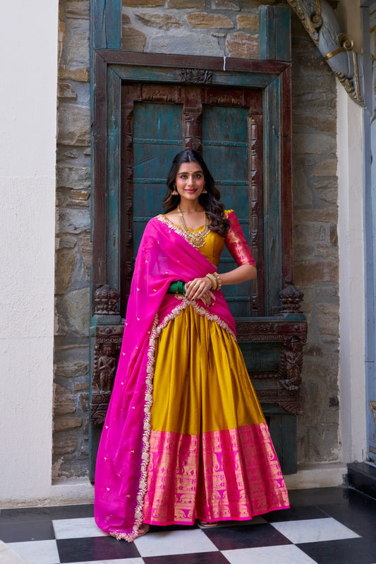 TARIKA Narayan Pattu Pink Lehenga Choli Set with Georgette Dupatta – South Indian Zari Weaving