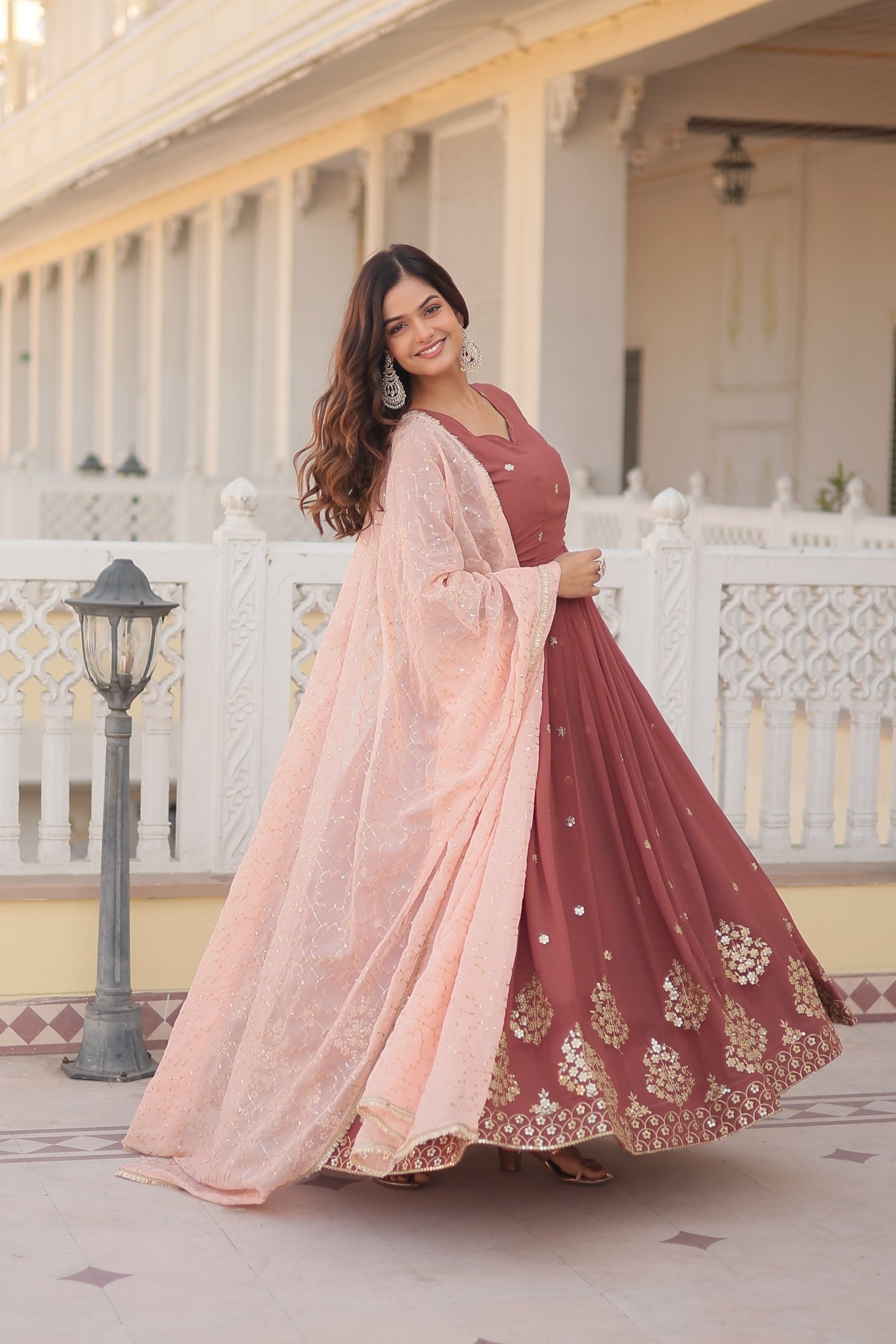 Designer Embroidered Gown with Dupatta – Faux Georgette, Zari and Sequins Work, Full Sleeve