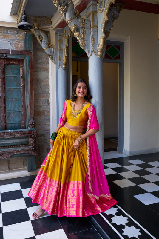 TARIKA Narayan Pattu Pink Lehenga Choli Set with Georgette Dupatta – South Indian Zari Weaving