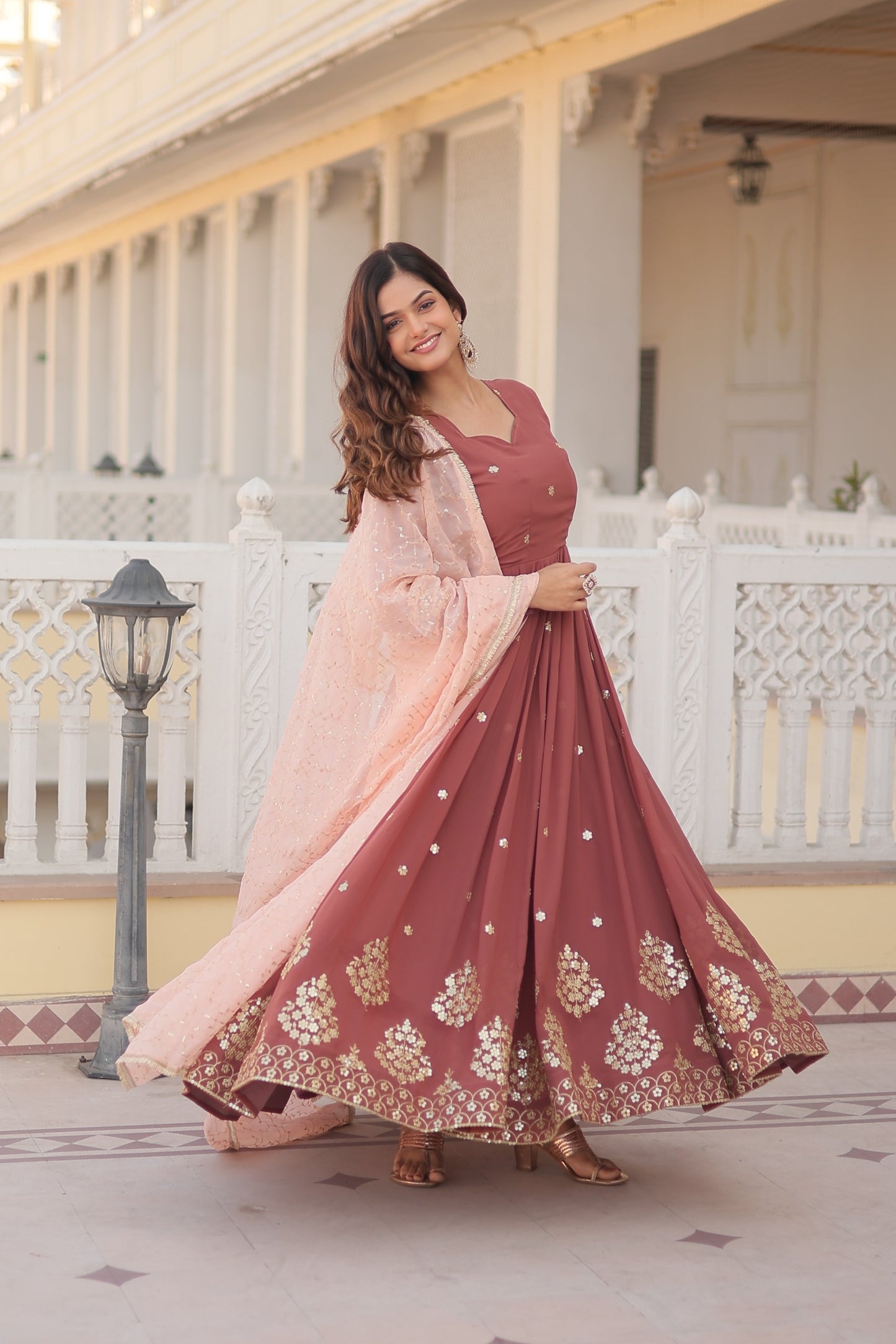 Designer Embroidered Gown with Dupatta – Faux Georgette, Zari and Sequins Work, Full Sleeve