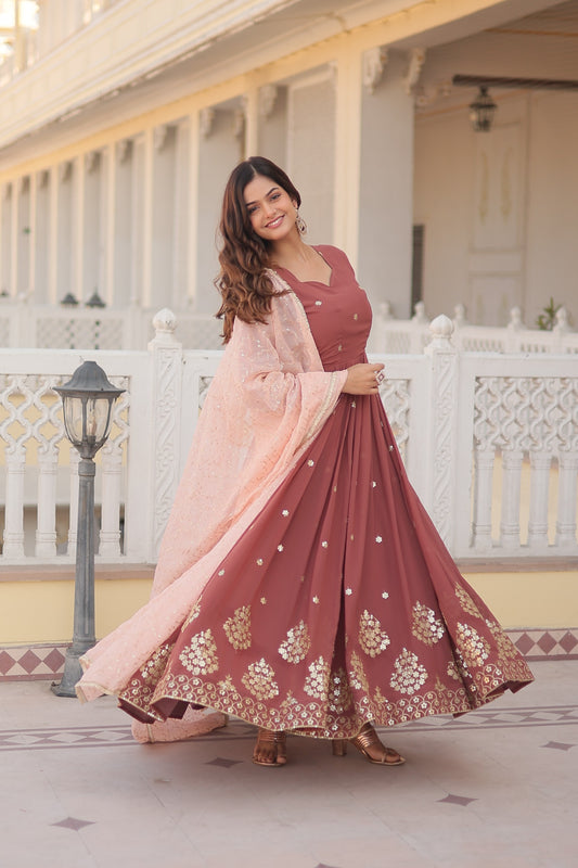 Designer Embroidered Gown with Dupatta – Faux Georgette, Zari and Sequins Work, Full Sleeve
