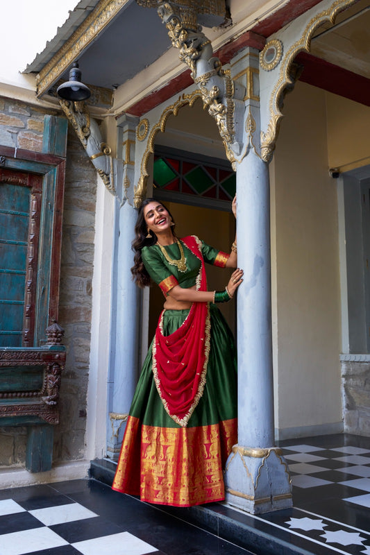 TARIKA Narayan Pattu Lehenga Choli Set with Georgette Dupatta – South Indian Zari Weaving