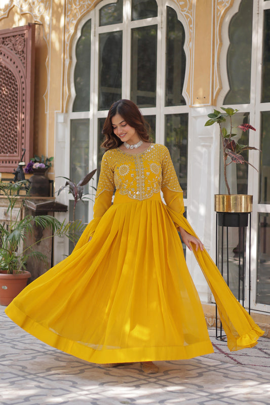 Premium Embroidered Faux Georgette Gown with Dupatta