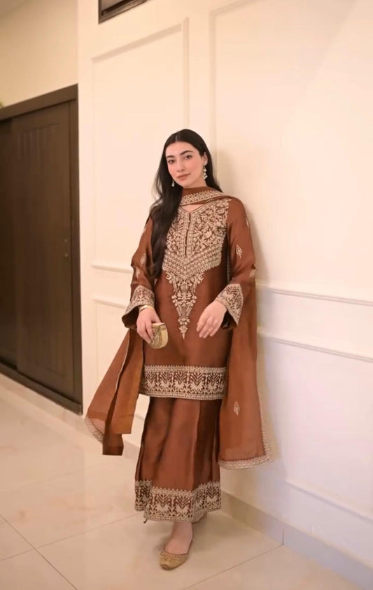 Designer Chinon Silk Party Wear Set – Embroidered Top with Palazzo and Dupatta