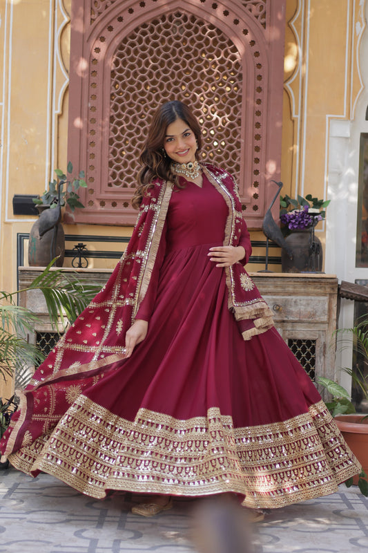 Premium Readymade Gown with Dupatta – Embroidered Star Georgette, Full Sleeve, Fancy V Neck