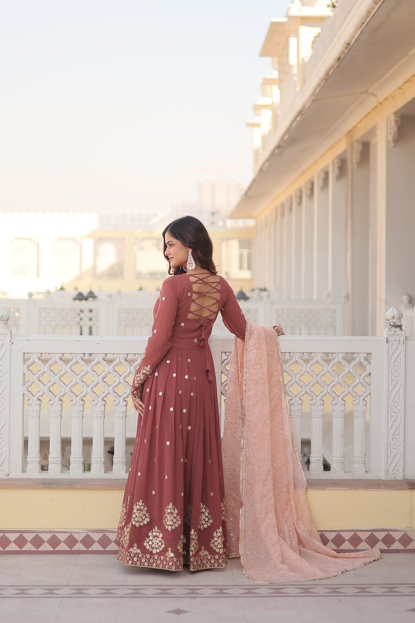 Designer Embroidered Gown with Dupatta – Faux Georgette, Zari and Sequins Work, Full Sleeve