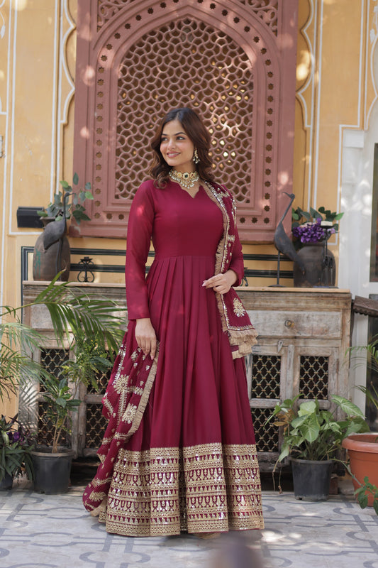 Premium Readymade Gown with Dupatta – Embroidered Star Georgette, Full Sleeve, Fancy V Neck