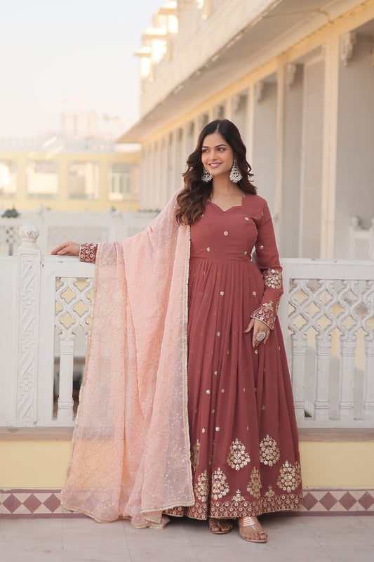 Designer Embroidered Gown with Dupatta – Faux Georgette, Zari and Sequins Work, Full Sleeve